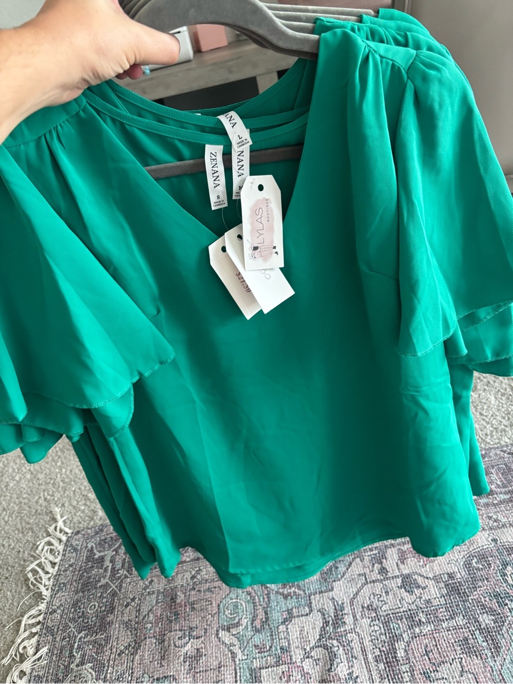 Zenana Outfitters Teal Green V-Neck Flutter Sleeve Blouse - Picture 2 of 4